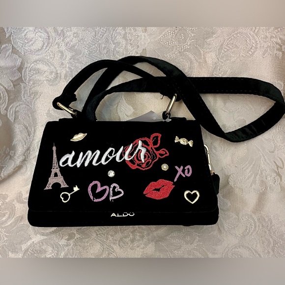 NWT Aldo Amour Black Velvet Mini Bag Parisian Embellished Crossbody Clutch Gift